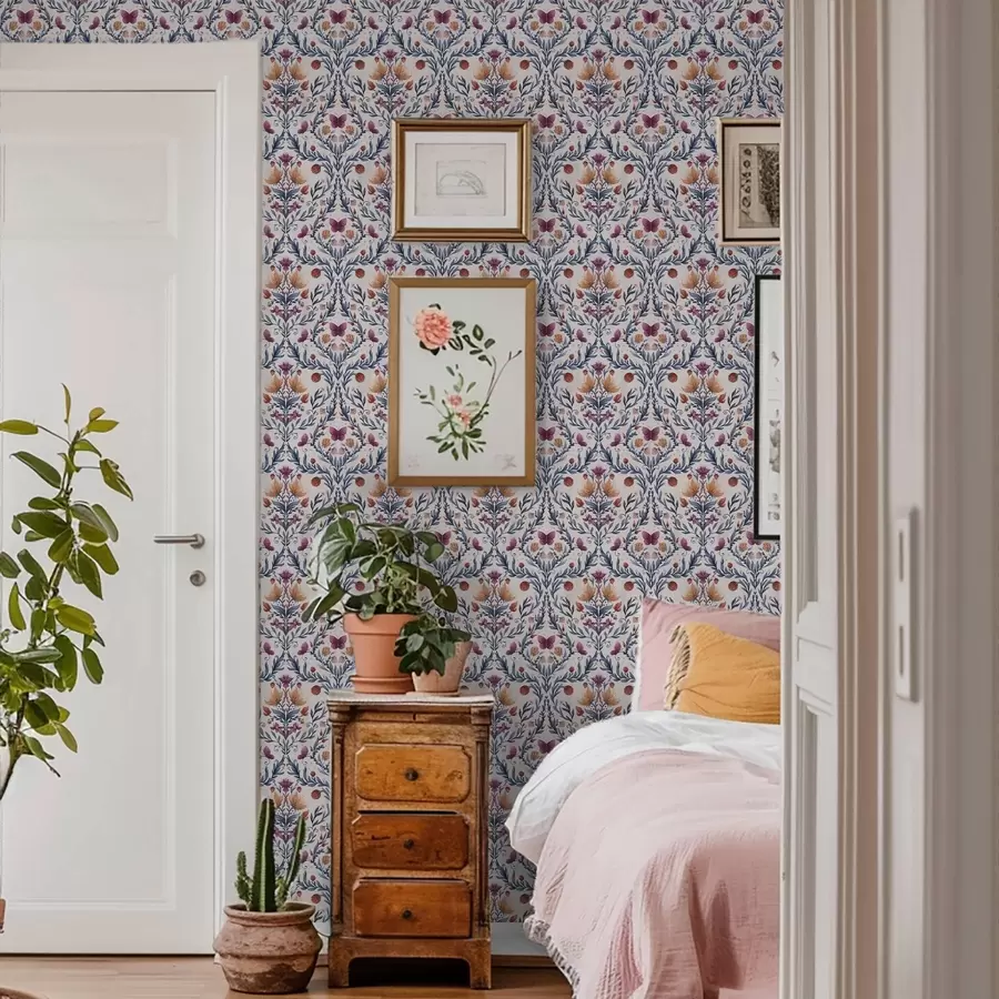 Фототапет Цветен дамаск с пеперуди в тъмносин и теракота на бял фон a00926v1