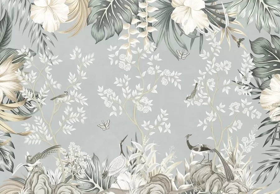 Фототапет Тропическа пастелна картина с птици, пеперуди, цветя от хибискус, палмови листа и дървета на светлосин фон w09528