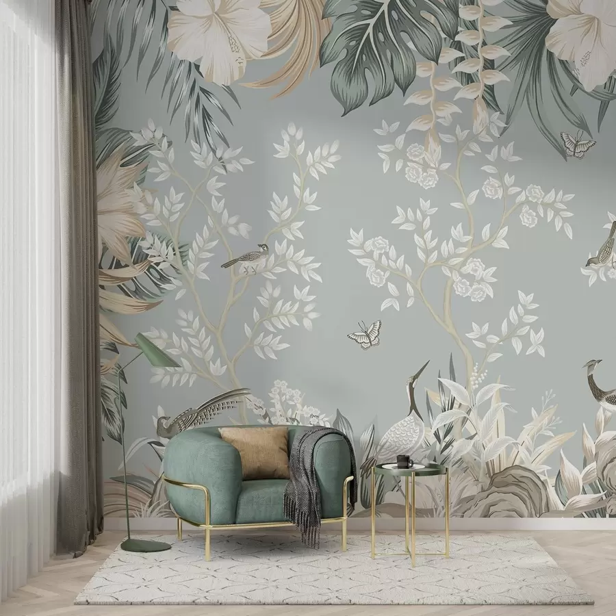 Фототапет Тропическа пастелна картина с птици, пеперуди, цветя от хибискус, палмови листа и дървета на светлосин фон w09528