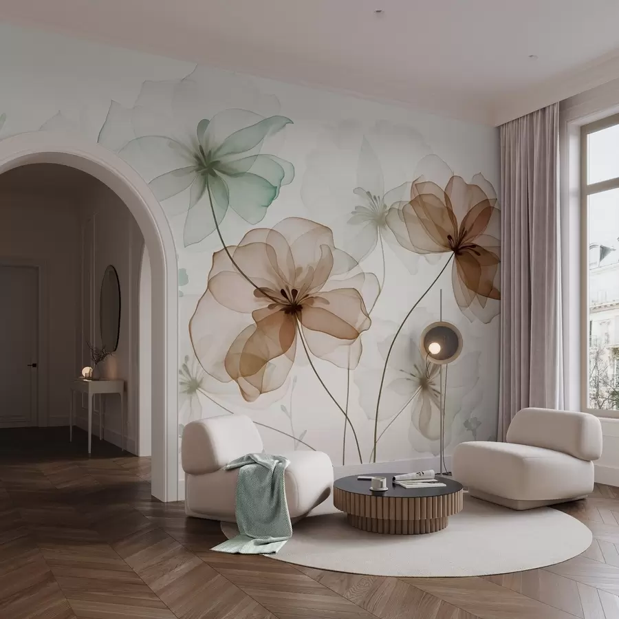 Фототапет Прозрачни цветя с кафяви и зелени венчелистчета, дълги стъбла, светъл фон, меки цветове, текстуриран флорален дизайн w09529