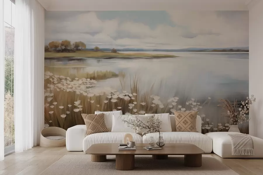 Фототапет Текстуриран пейзаж, поле с бели цветя и висока трева, езеро на заден план, тревист хълм с дървета, меки цветове w09530