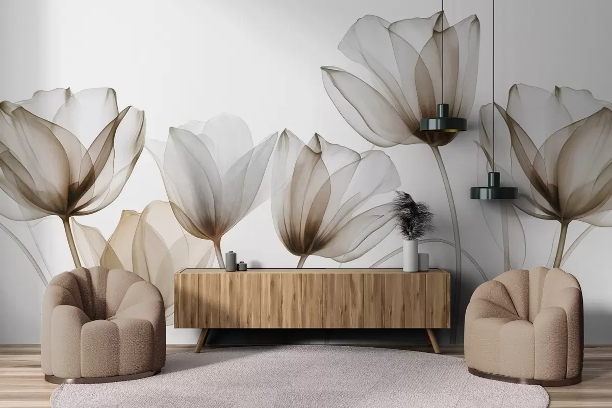 Фототапет Прозрачни кафяви и бели лалета с дълги стъбла, на светъл фон, деликатно и текстурирано флорално изкуство w09538v1