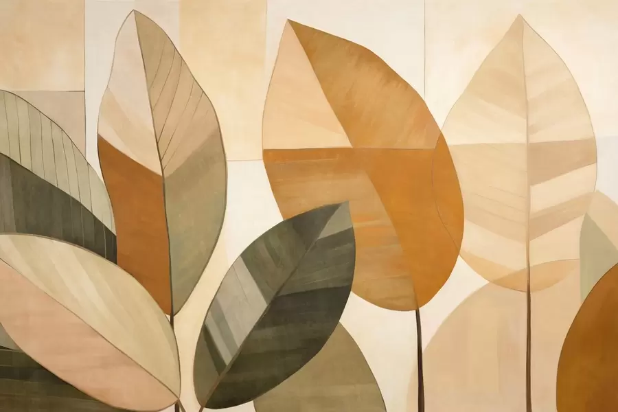 Фототапет Абстрактни големи листа в нюанси на оранжево, кафяво и зелено, с текстура, разположени на светъл фон w09539