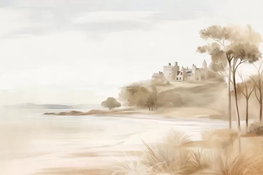 Фототапет Пейзаж с замък на хълм до морето, пясъчен плаж на преден план, приглушени цветове, текстурирано изкуство w09540