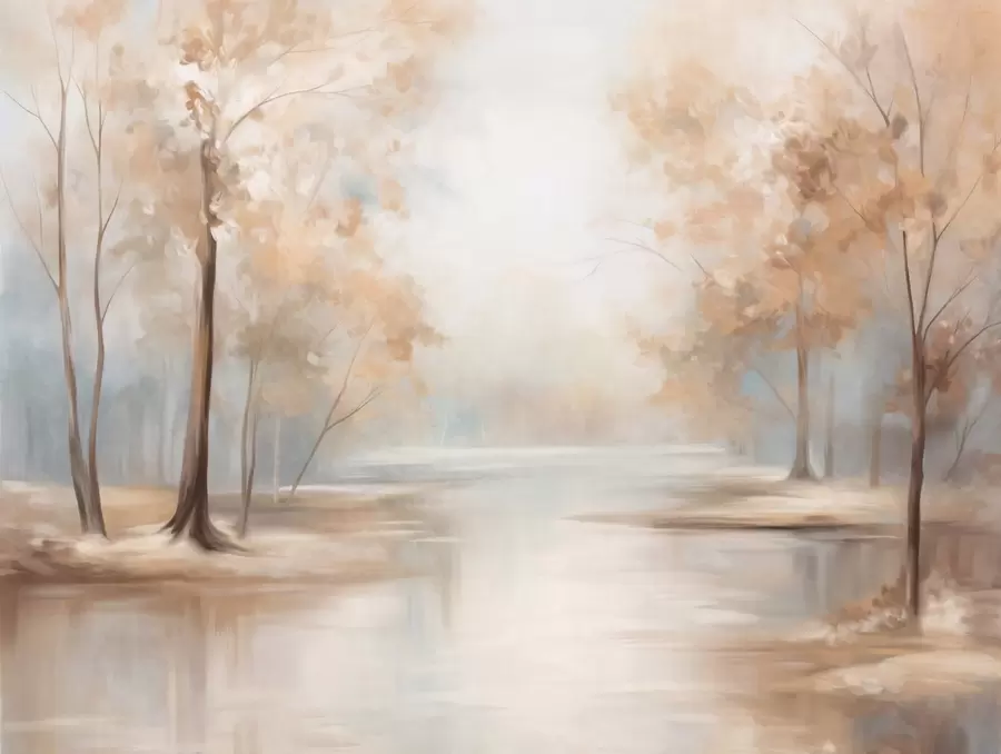 Фототапет Есенен пейзаж с дървета и река, меки цветове, лека и въздушна атмосфера, мирна и спокойна сцена w09541