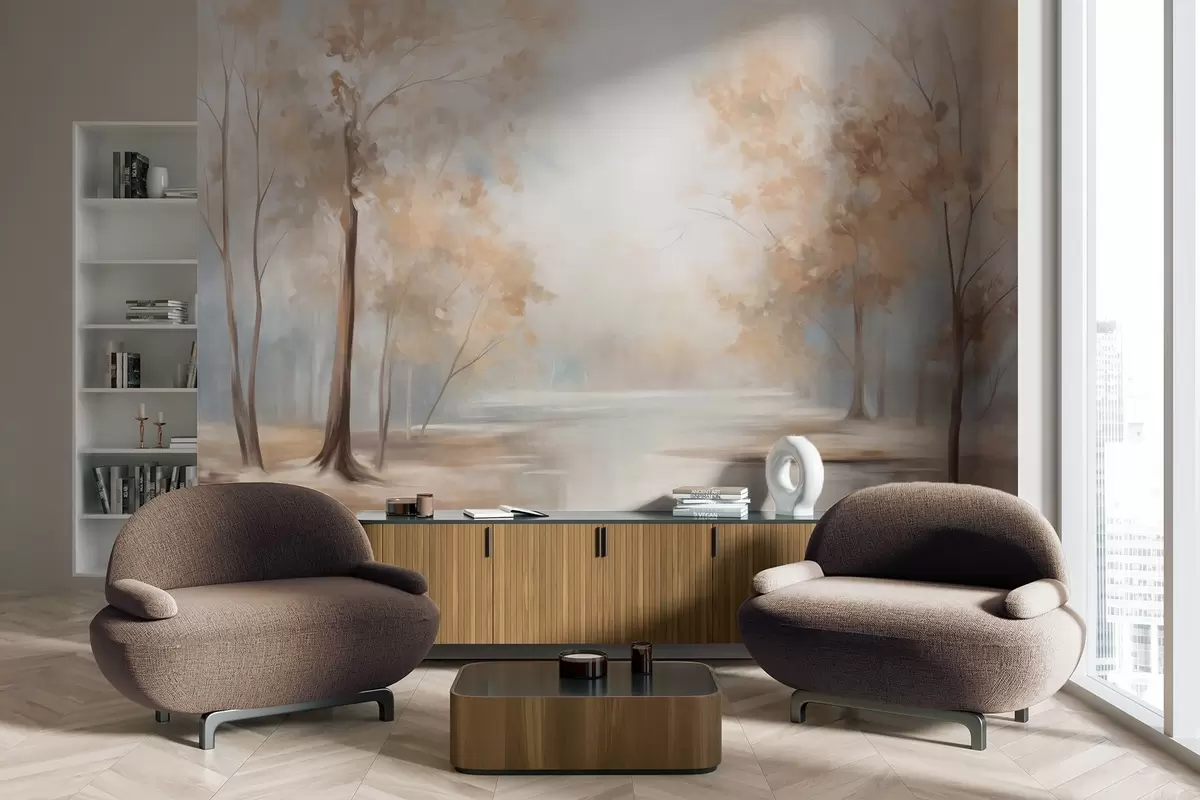 Фототапет Есенен пейзаж с дървета и река, меки цветове, лека и въздушна атмосфера, мирна и спокойна сцена w09541