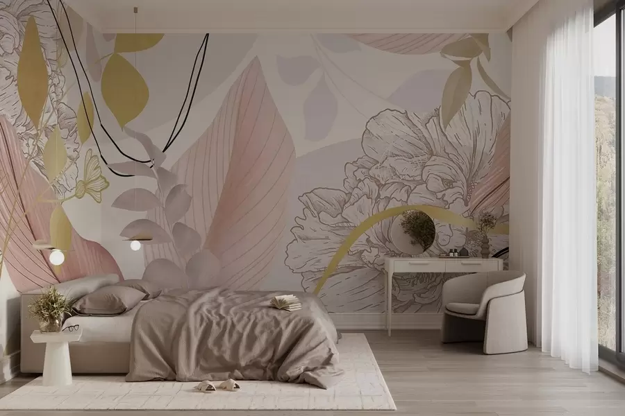 Фототапет Абстрактен флорален принт с големи листа в нюанси на приглушено розово, жълто с тънки черни линии и бели флорални контури w09544v1