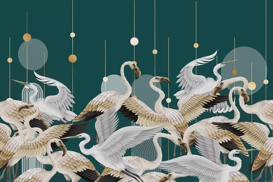 Фототапет Стадо бели фламинго с нежни крила, на тъмнозелен фон с жълти линии и кръгове w09546