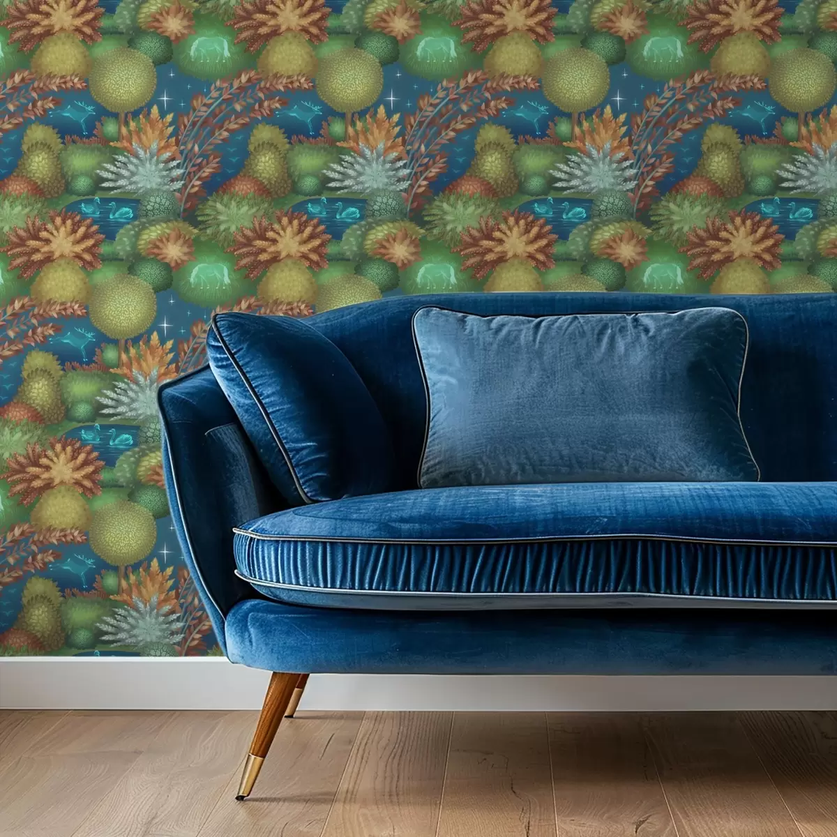 Тапети Приказна нощна градина с езеро и светещи животни a00851