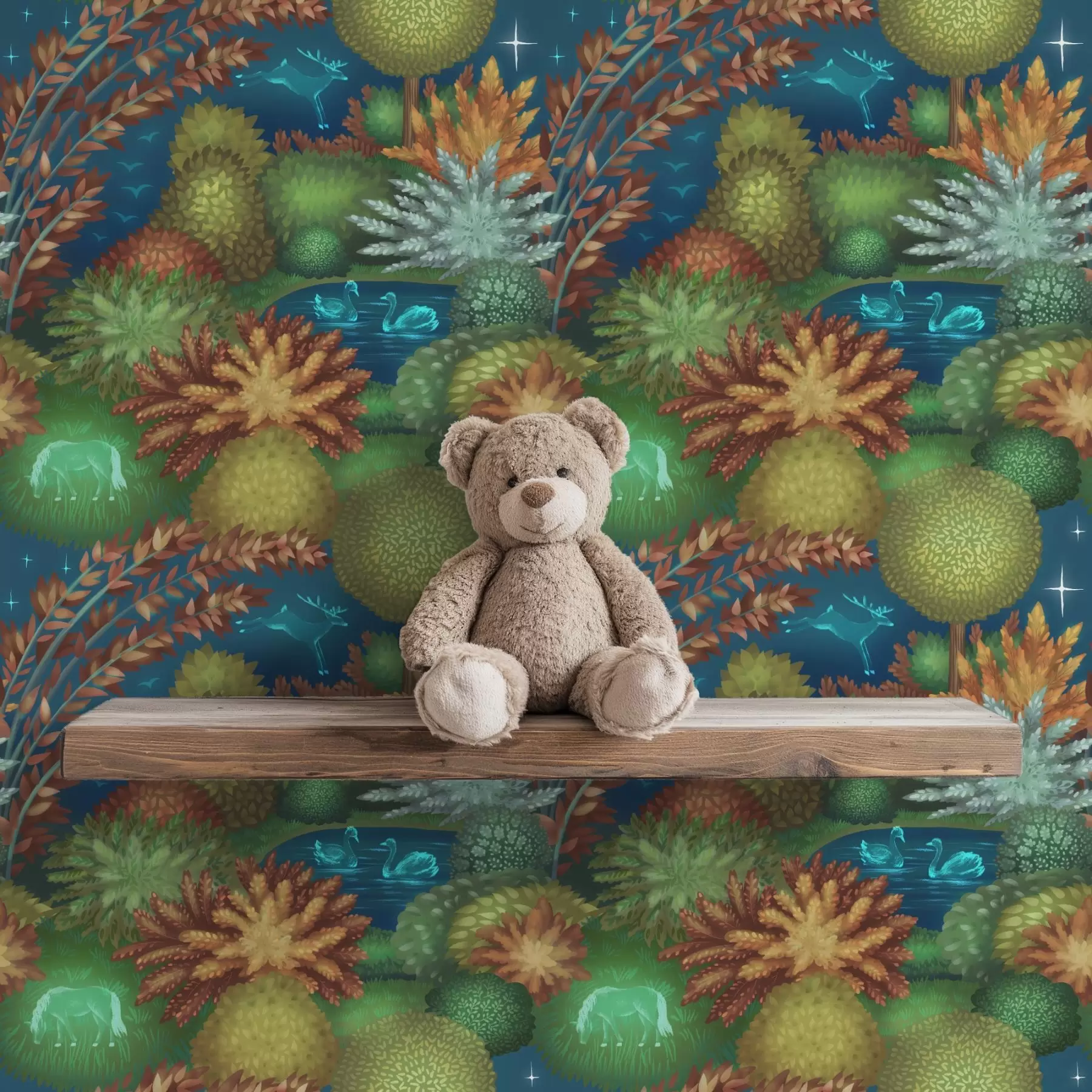 Фототапет Приказна нощна градина с езеро и светещи животни a00851