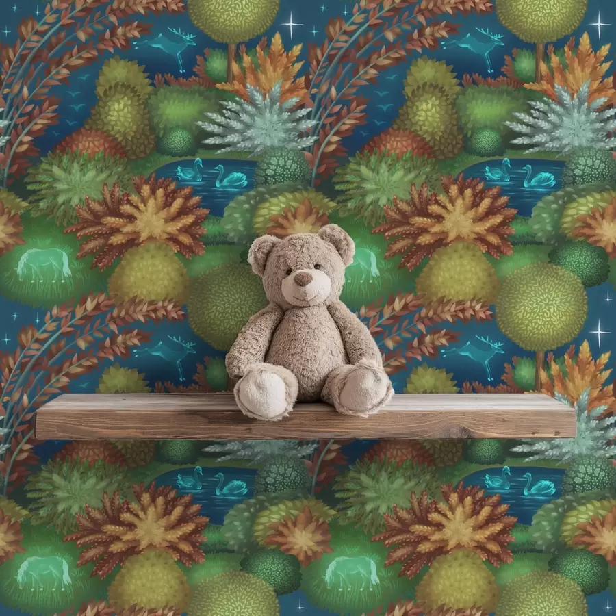 Фототапет Приказна нощна градина с езеро и светещи животни a00851