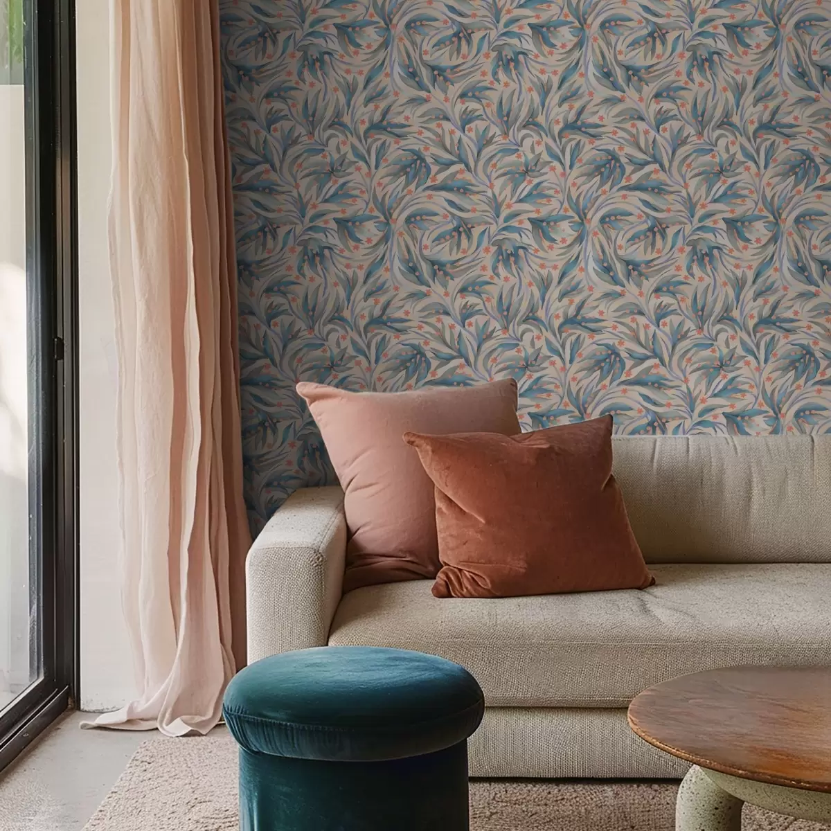 Тапети Абстрактна синя листа с коралови цветя a00852