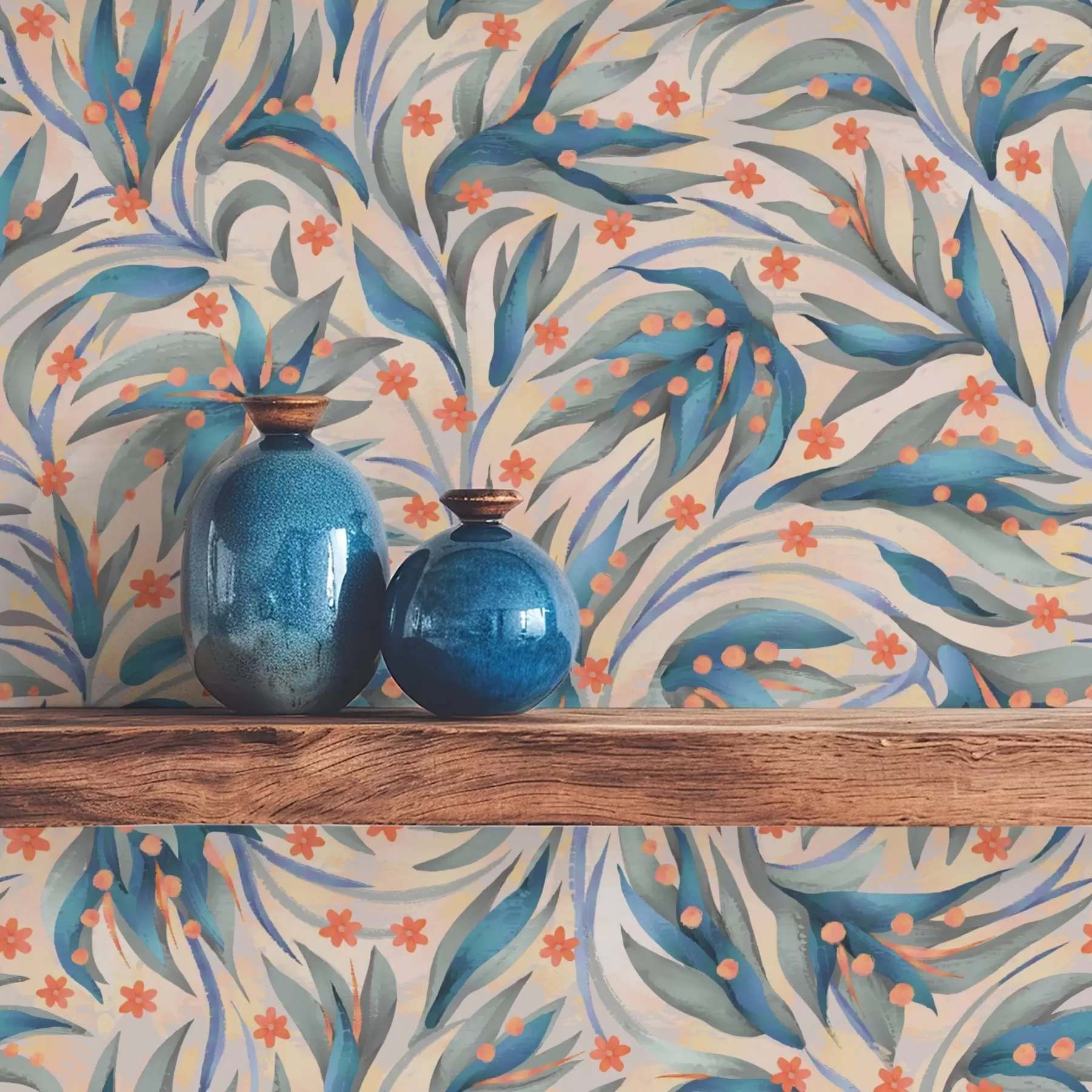 Фототапет Абстрактна синя листа с коралови цветя a00852