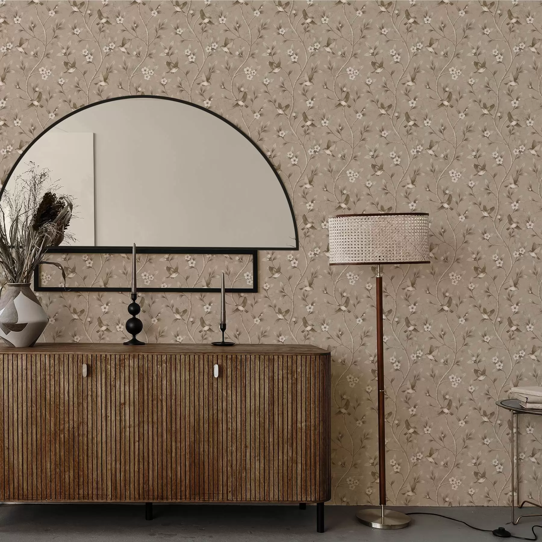 Фототапет Птици и цъфтящи клони в топли сепийни тонове a00882