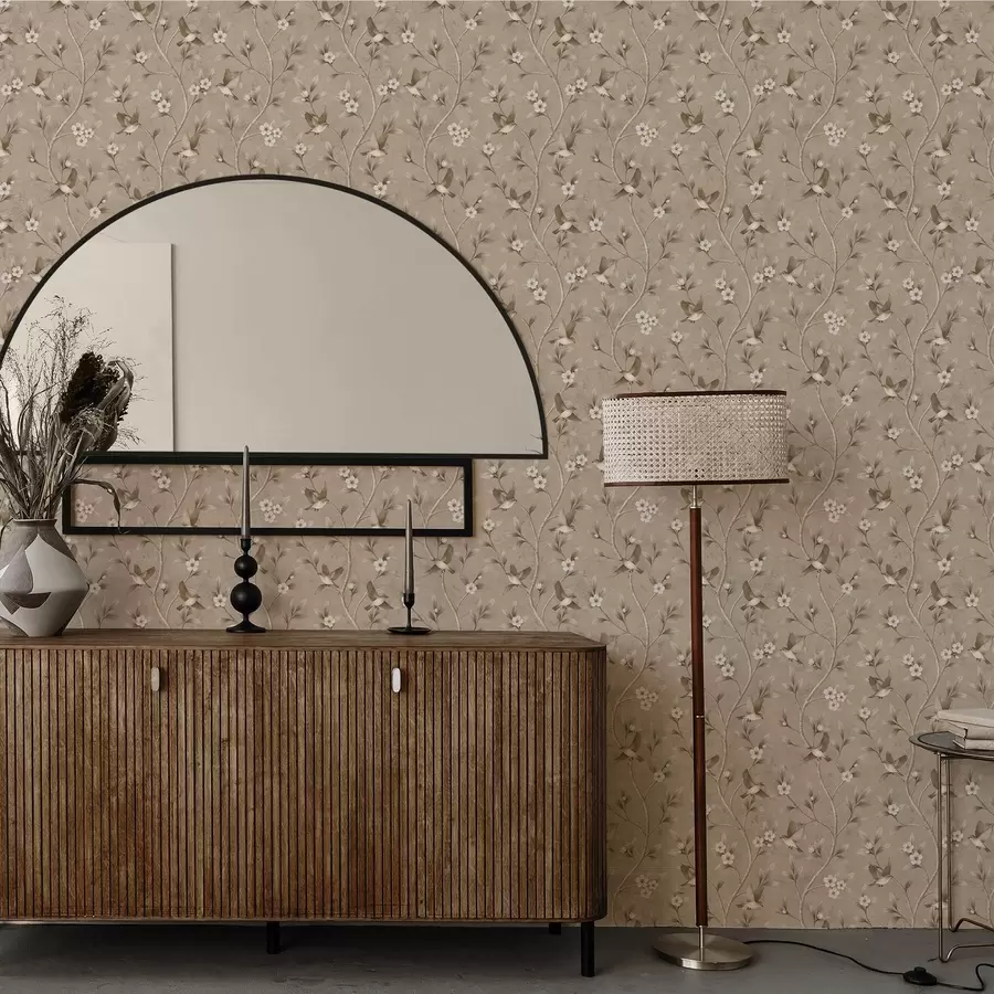 Фототапет Птици и цъфтящи клони в топли сепийни тонове a00882