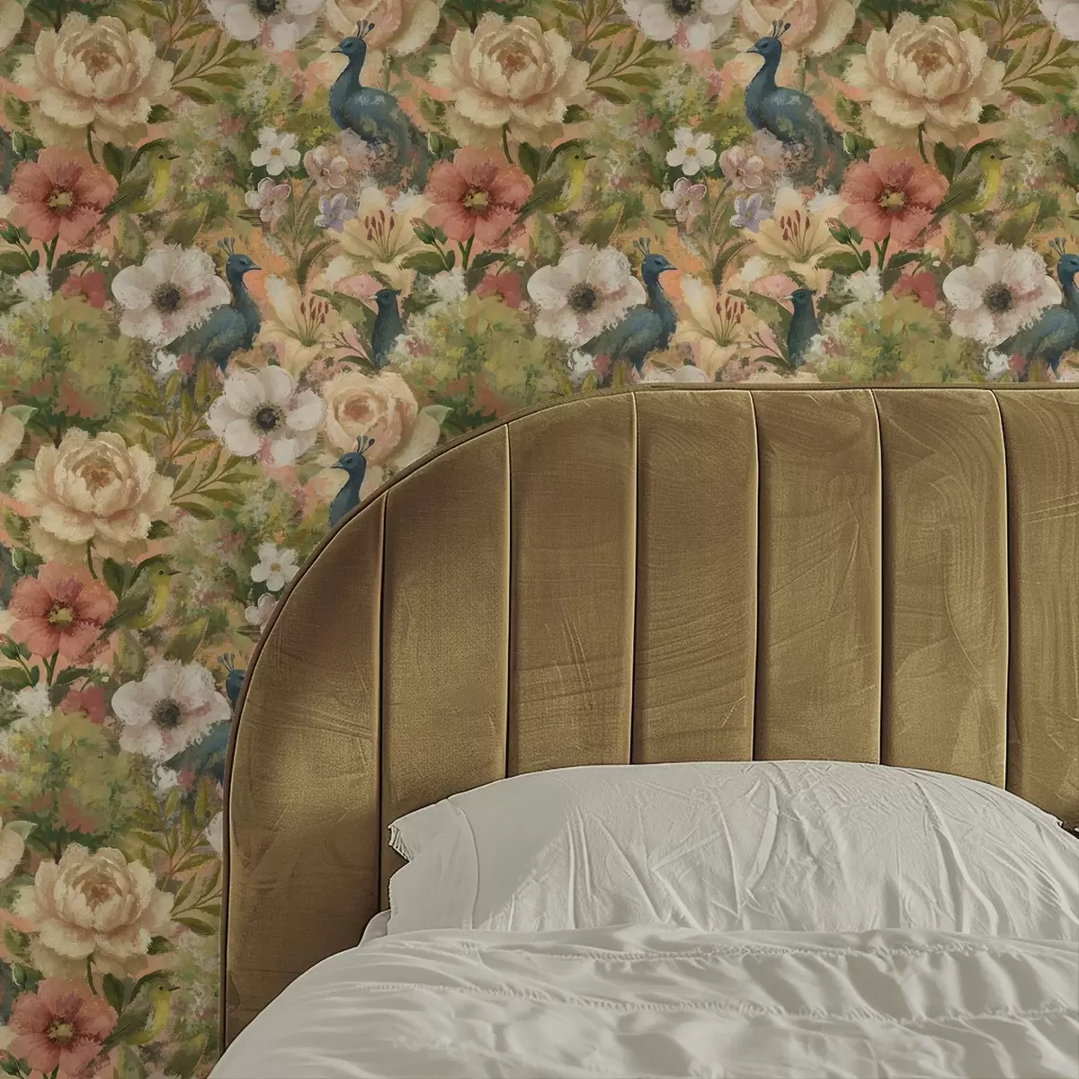 Тапети Живописна градина с пауни и големи цветя a00885