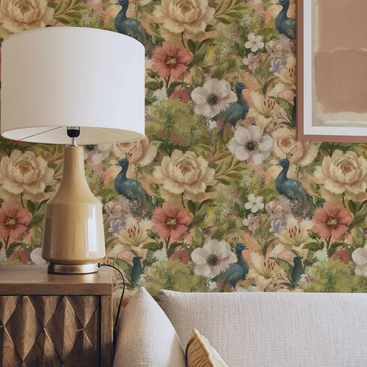 Тапети Живописна градина с пауни и големи цветя a00885