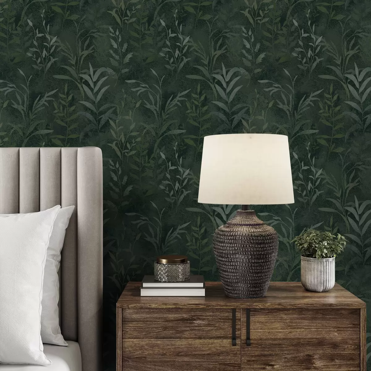 Тапети Тъмнозелен фон с прозрачни листа и клони a00888