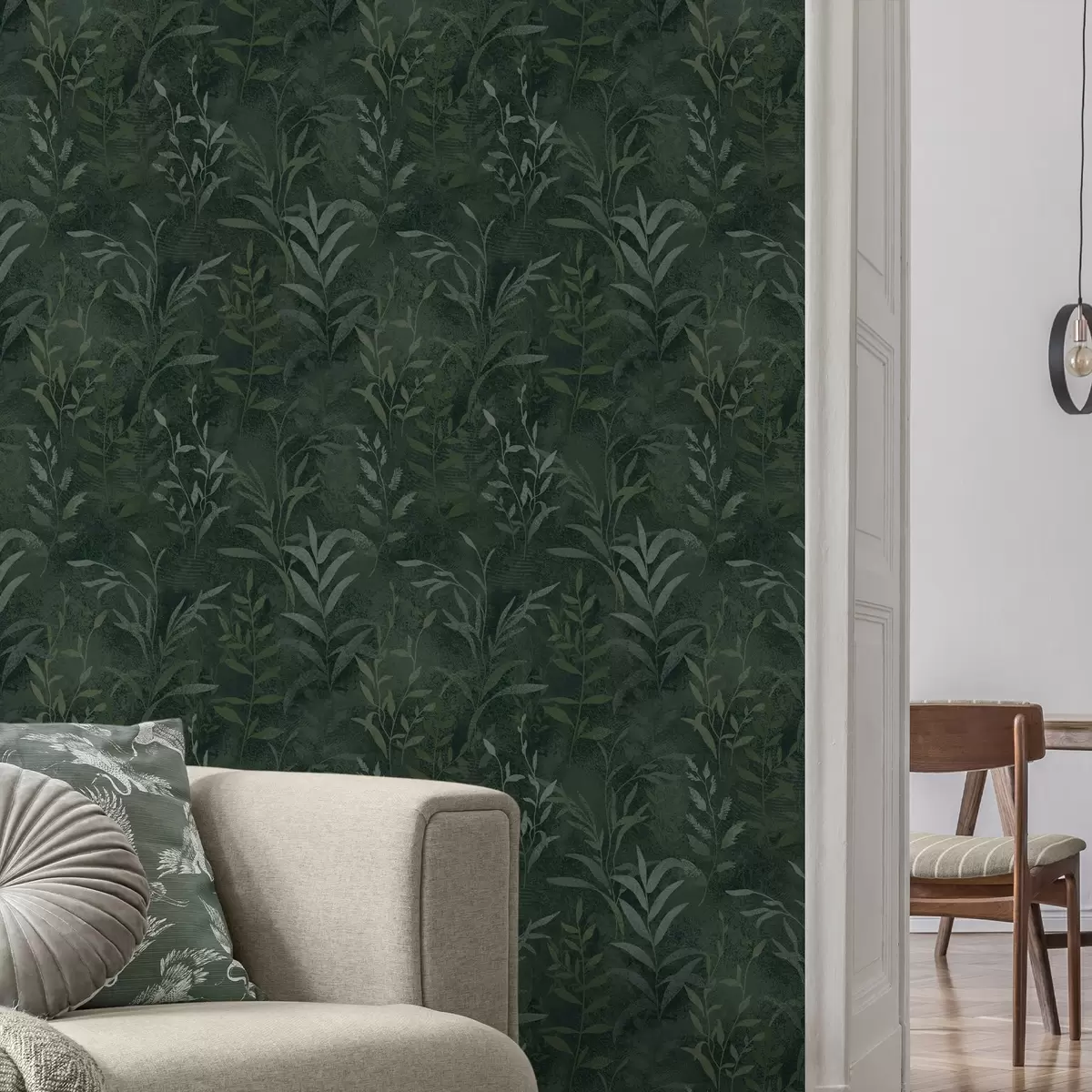 Тапети Тъмнозелен фон с прозрачни листа и клони a00888