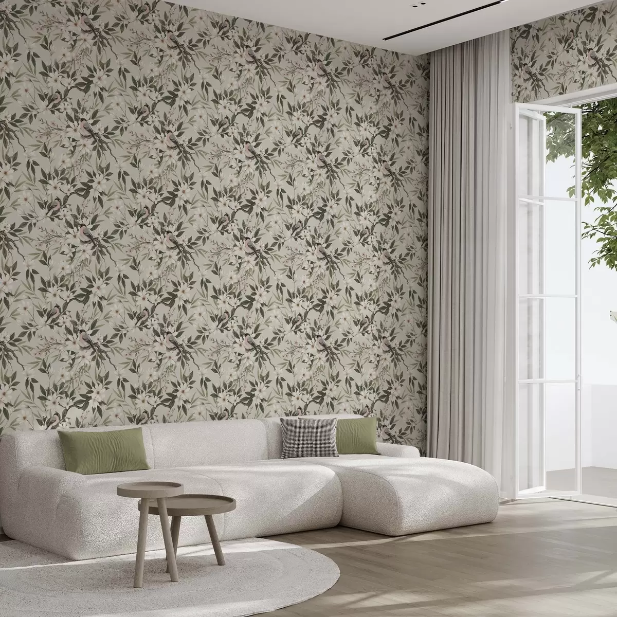 Тапети Сърни с бели гърди на клони с кремави цветя a00889