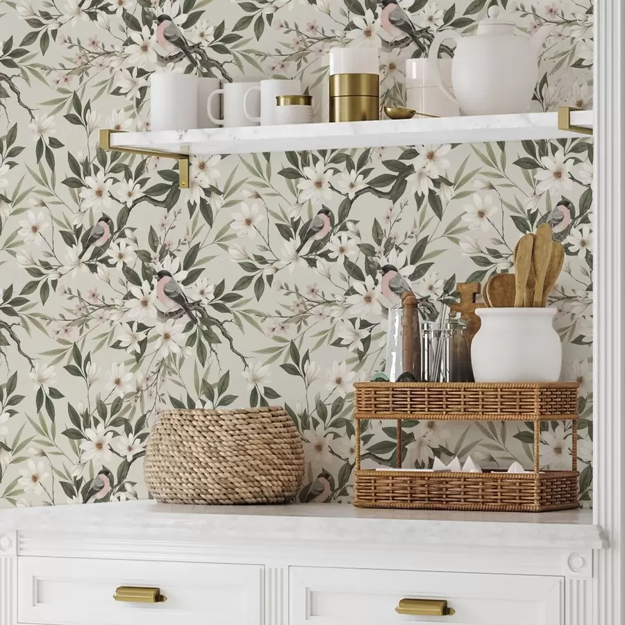 Фототапет Сърни с бели гърди на клони с кремави цветя a00889