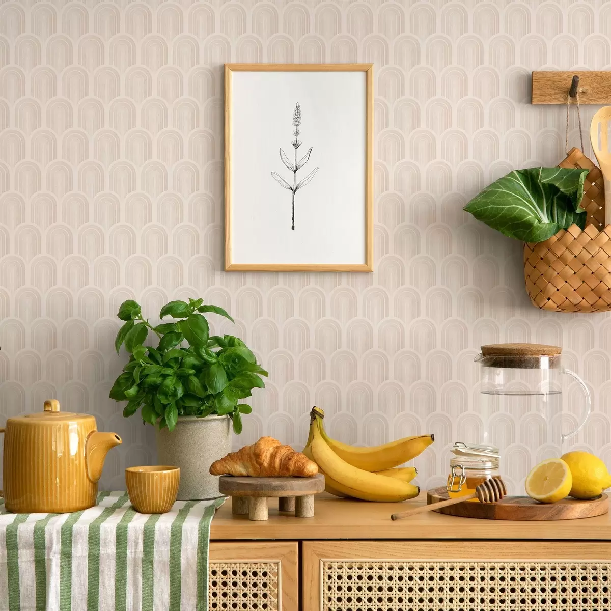 Тапети Редица арки в меки бежови ивици, ретро настроение a00923