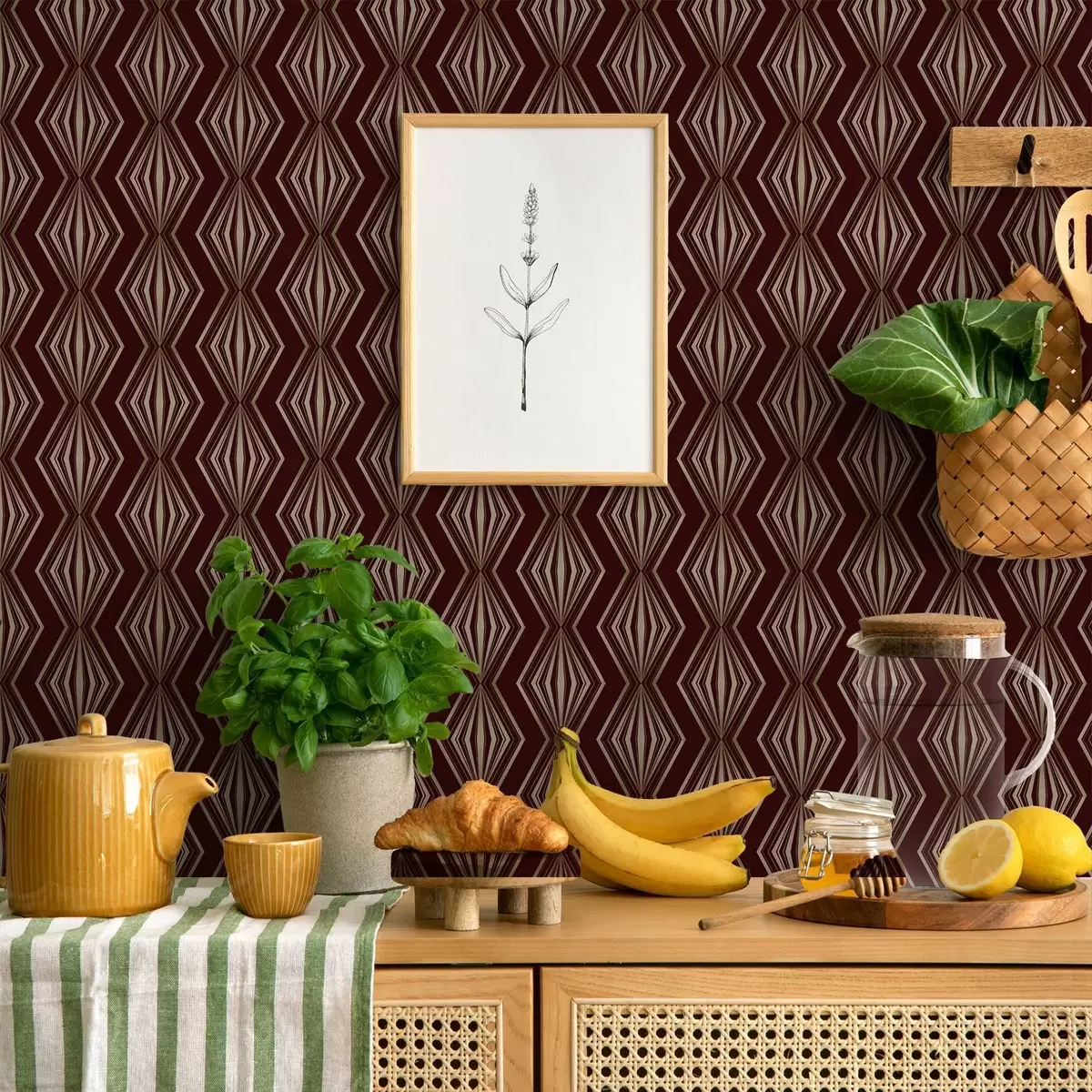 Тапети Диамантен геометричен мотив върху виненокафяв фон a00925v1