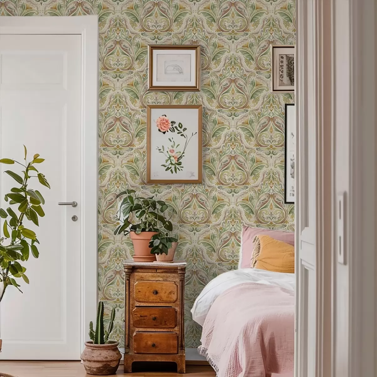 Тапети Акварелни листа в зелени и топли охри тонове a00927