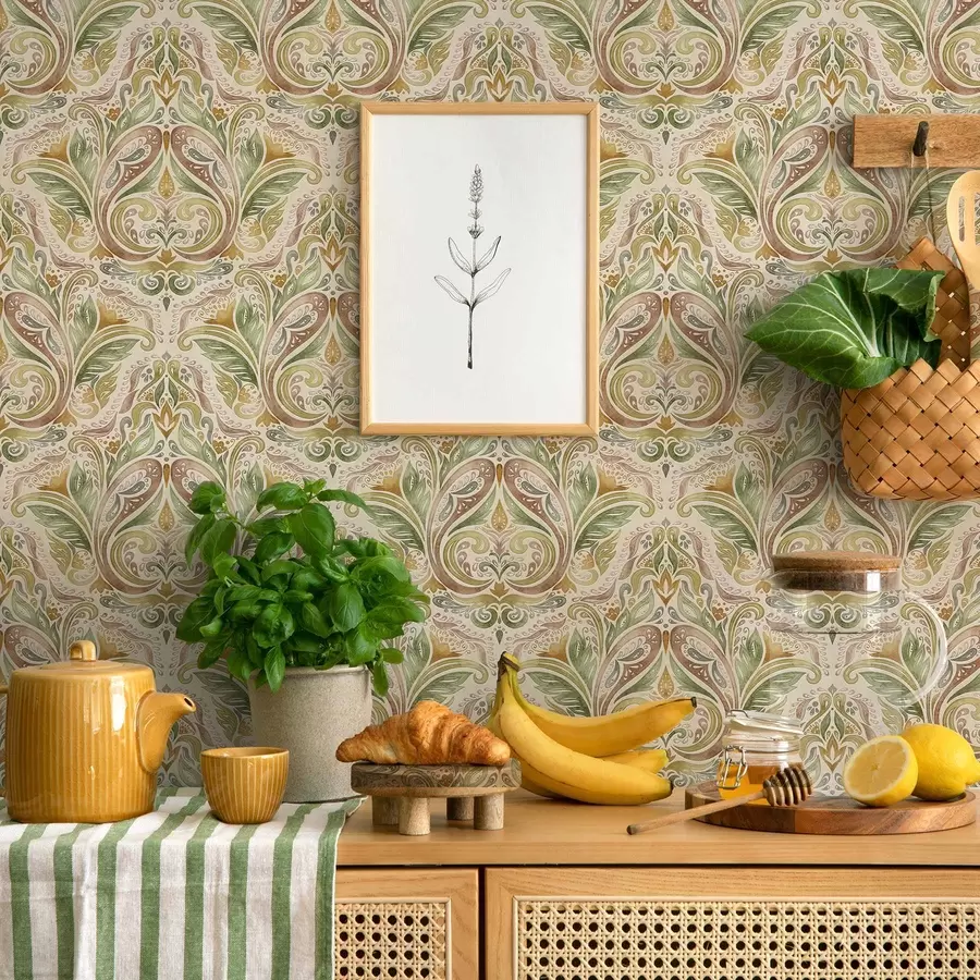 Фототапет Акварелни листа в зелени и топли охри тонове a00927