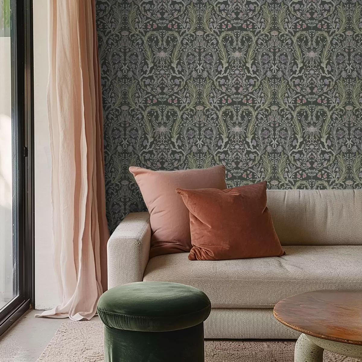 Тапети Симетричен флорален орнамент на тъмнозелен фон a00928