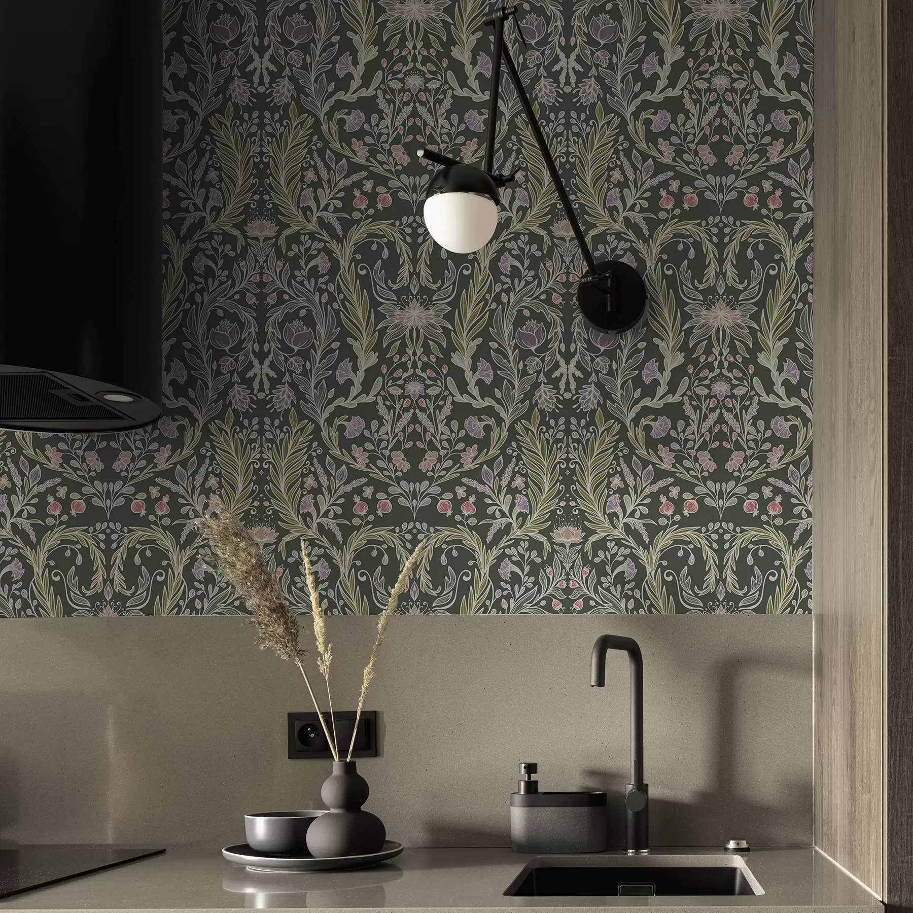 Фототапет Симетричен флорален орнамент на тъмнозелен фон a00928