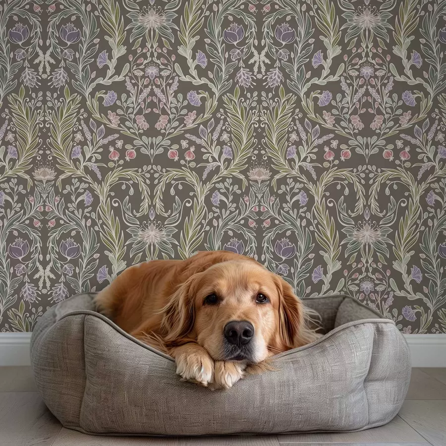 Фототапет Симетрични цветя и листа на кафяво-сив фон a00928v2