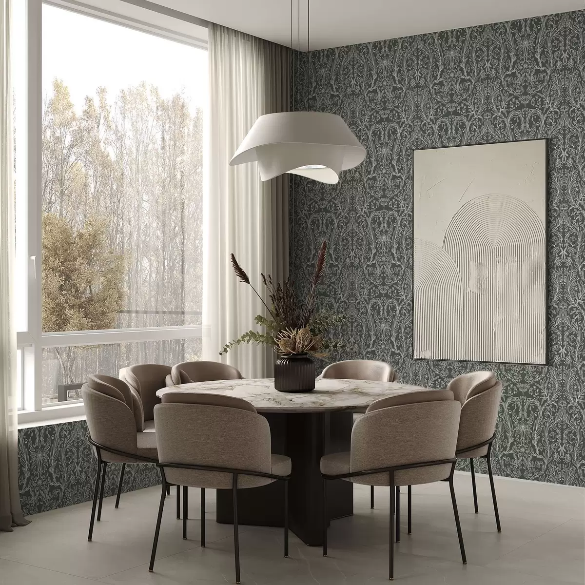 Тапети Линеен флорален мотив върху тъмнозелен фон a00929