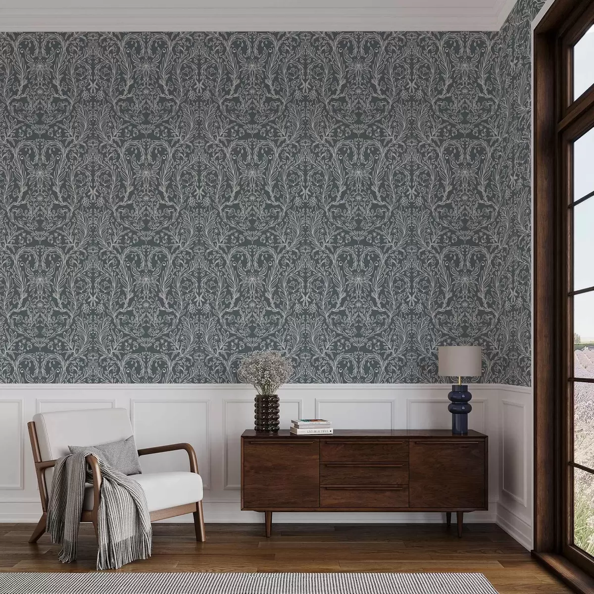 Тапети Линеен флорален орнамент върху синьо-сив фон a00929v1