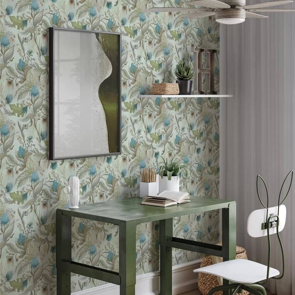 Тапети Сини цветя и зеленина на мек ментов фон a00930v1