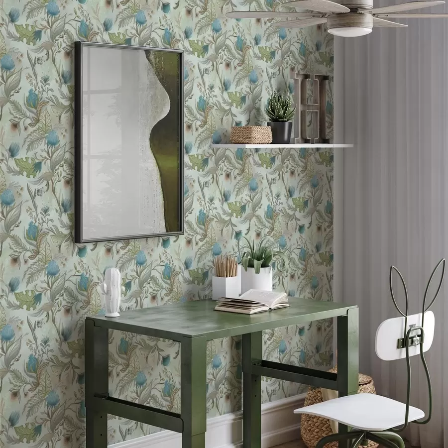 Фототапет Сини цветя и зеленина на мек ментов фон a00930v1