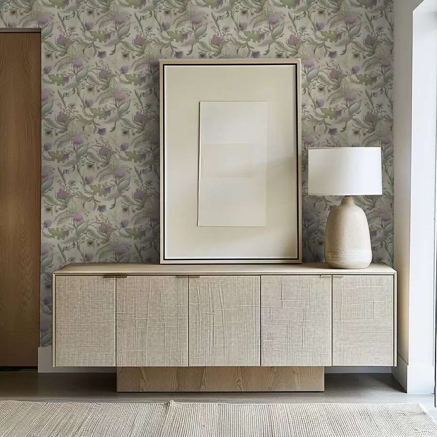 Фототапет Лилави пъпки и нежна зеленина на кремав фон a00930v2