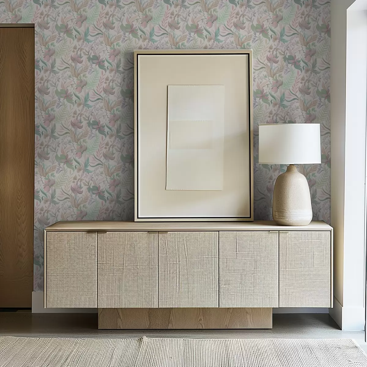 Тапети Деликатни пастелни цветя и листа на светъл фон a00931