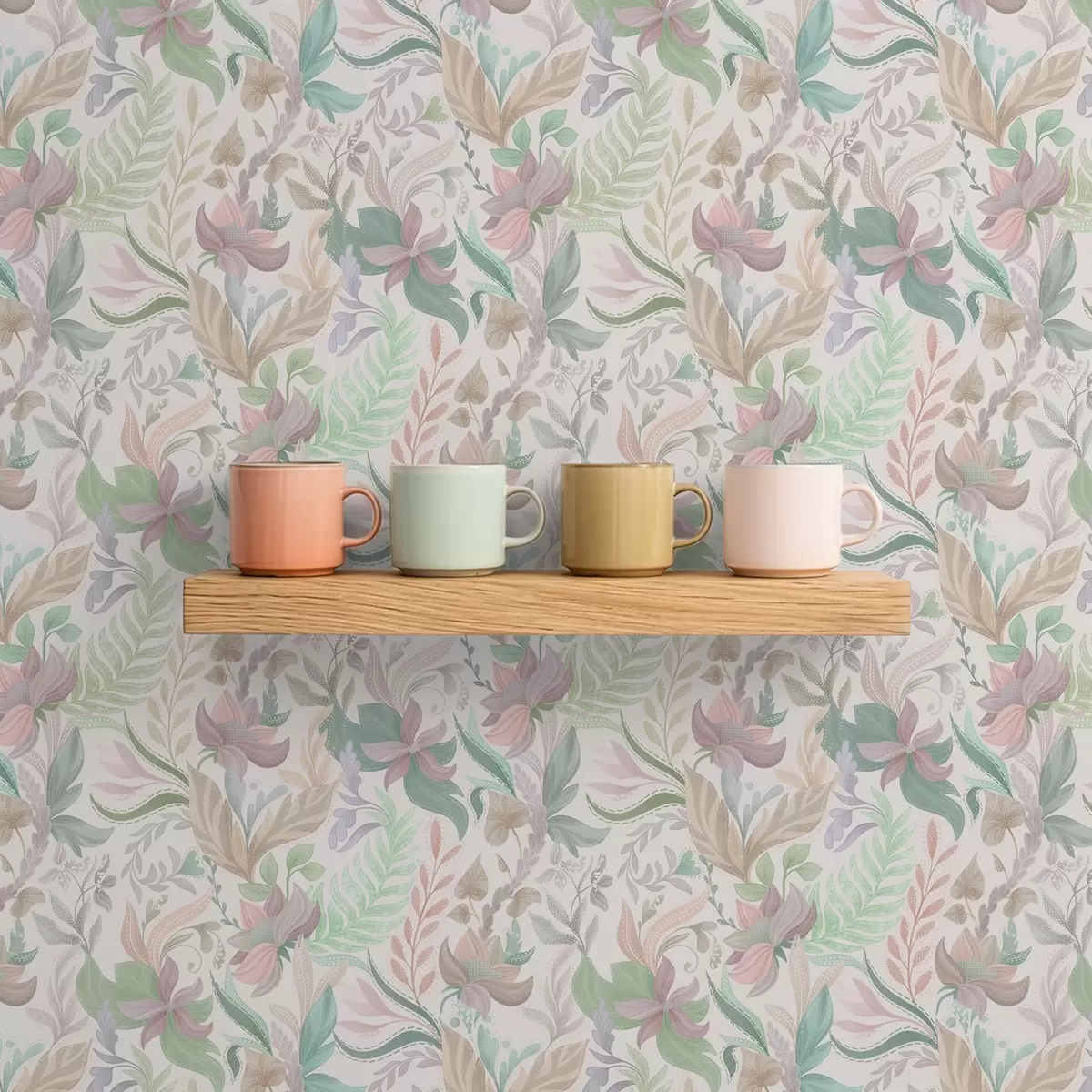 Тапети Деликатни пастелни цветя и листа на светъл фон a00931