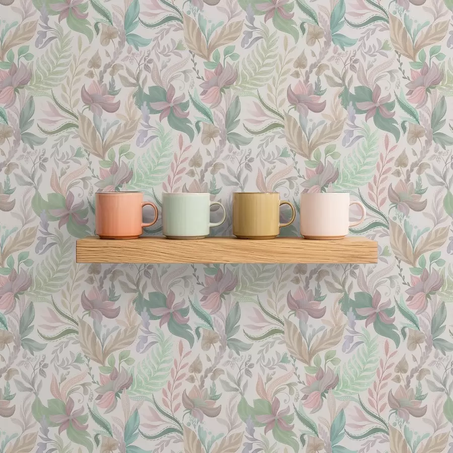 Фототапет Деликатни пастелни цветя и листа на светъл фон a00931