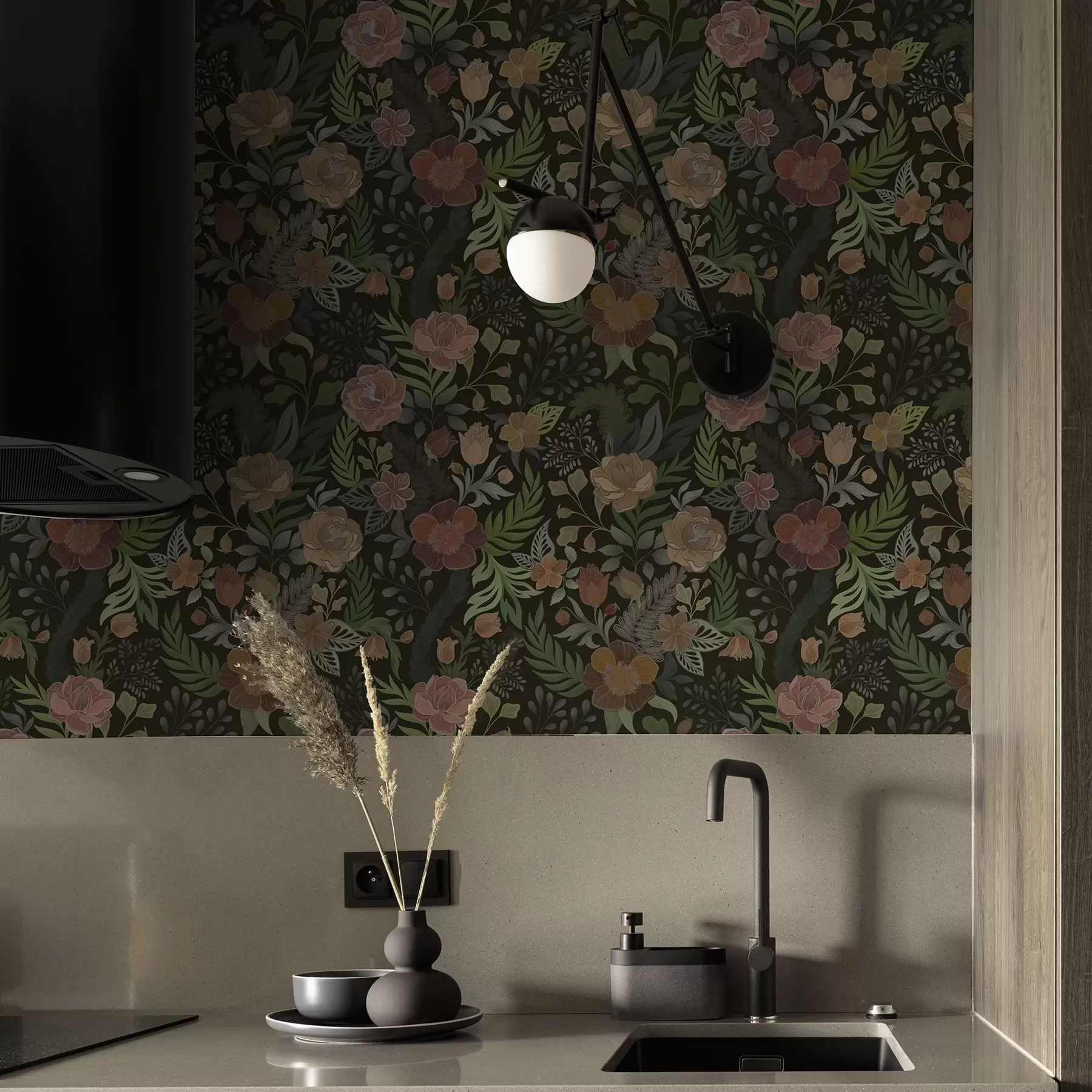 Фототапет Богати цветя и зеленина на тъмен фон a00932