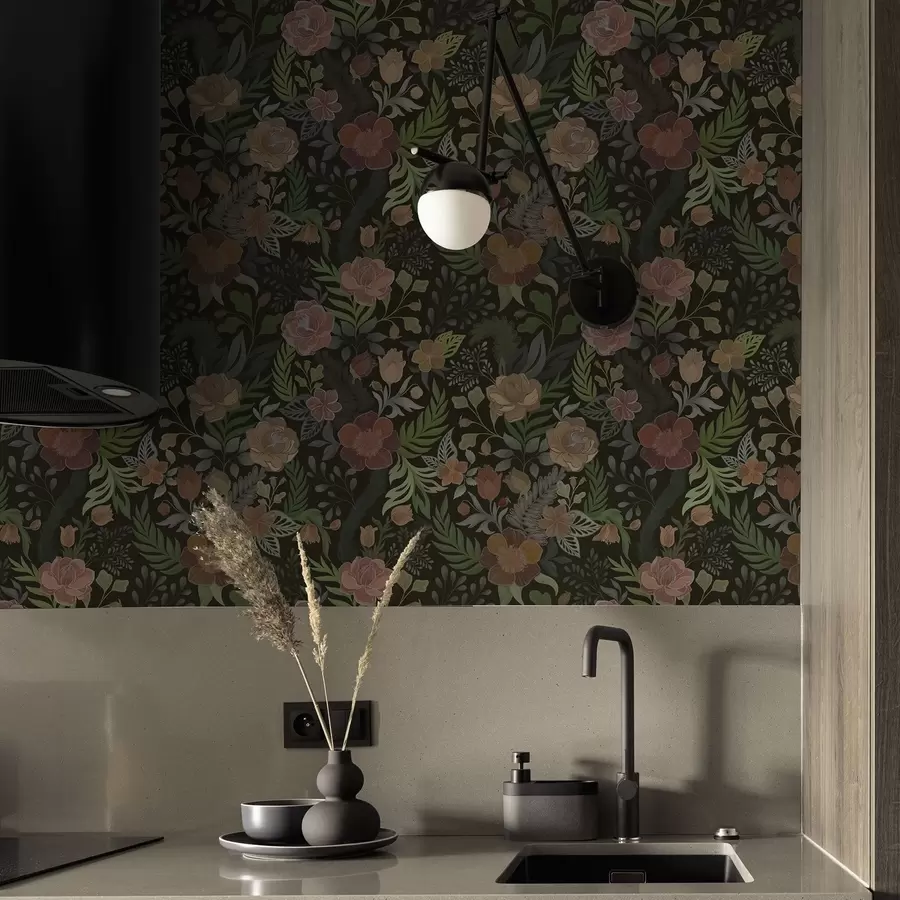 Фототапет Богати цветя и зеленина на тъмен фон a00932