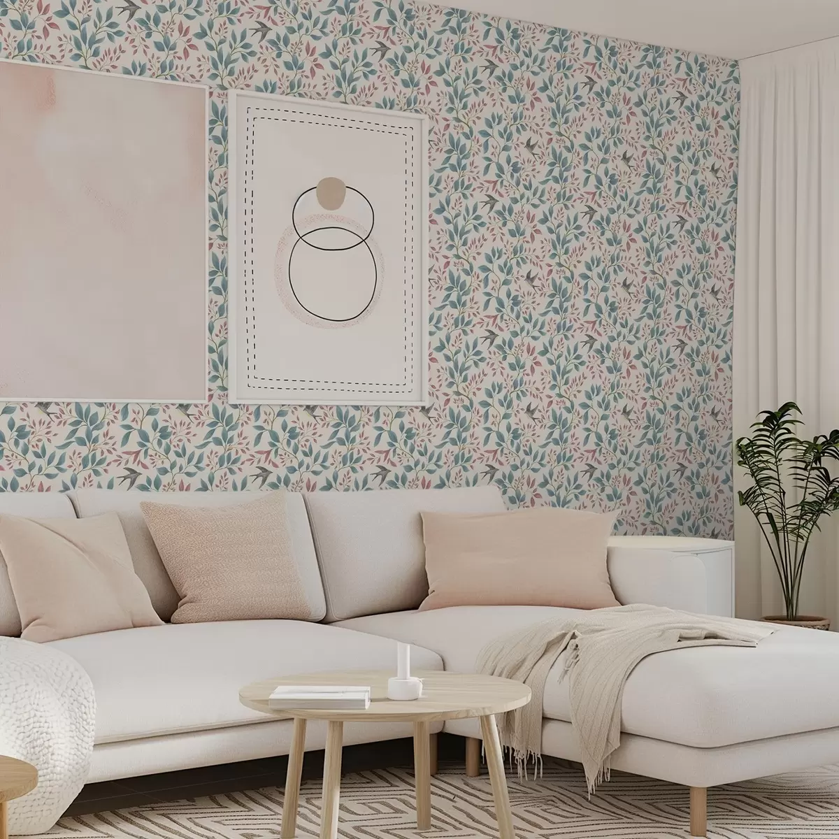 Тапети Сини и розови клони с птици на кремав фон a00933