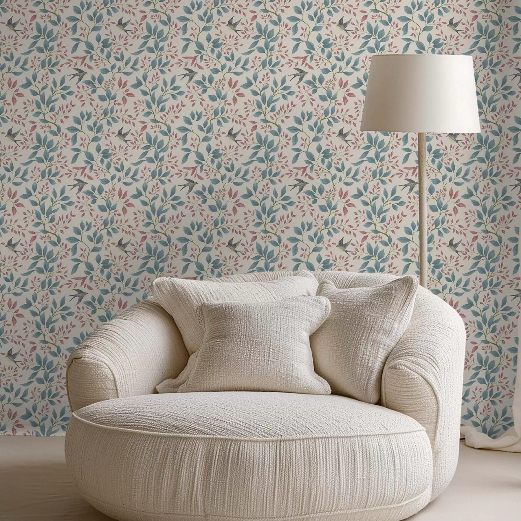 Фототапет Сини и розови клони с птици на кремав фон a00933