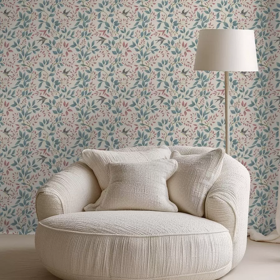 Фототапет Сини и розови клони с птици на кремав фон a00933