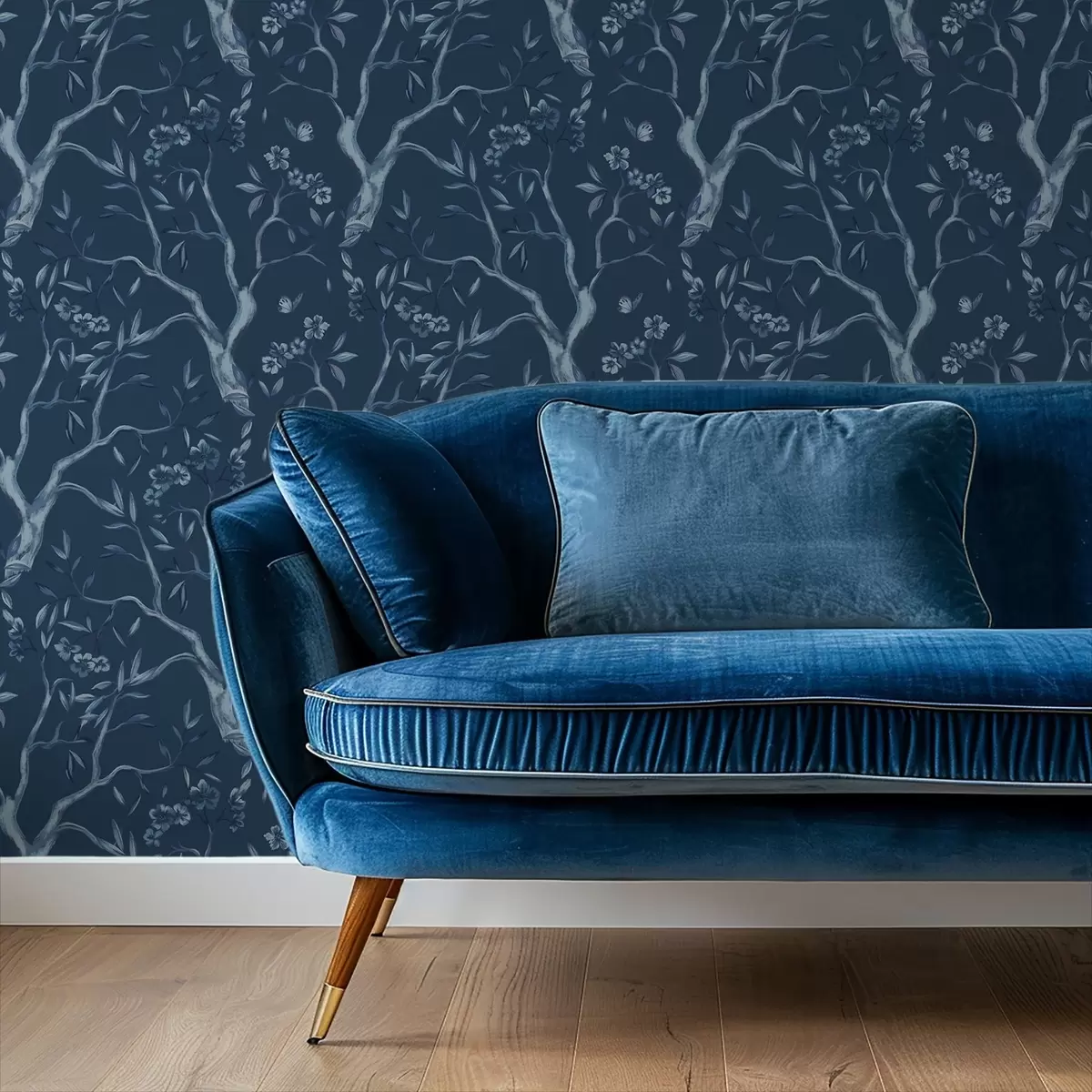 Тапети Сини цъфтящи клони с пеперуди на тъмен фон a00951v1