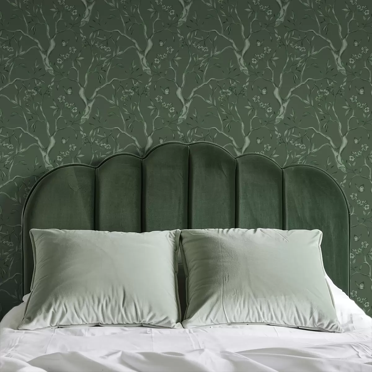 Тапети Зелени цъфтящи клони с пеперуди на тъмен фон a00951v3