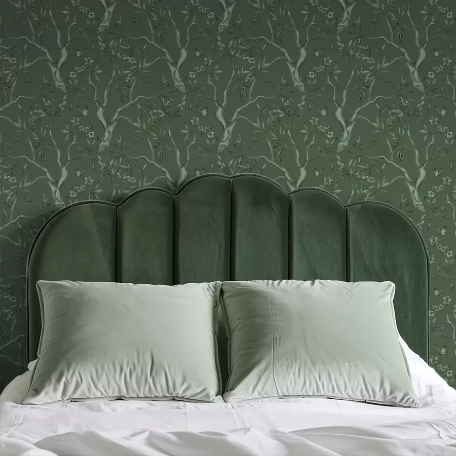 Фототапет Зелени цъфтящи клони с пеперуди на тъмен фон a00951v3