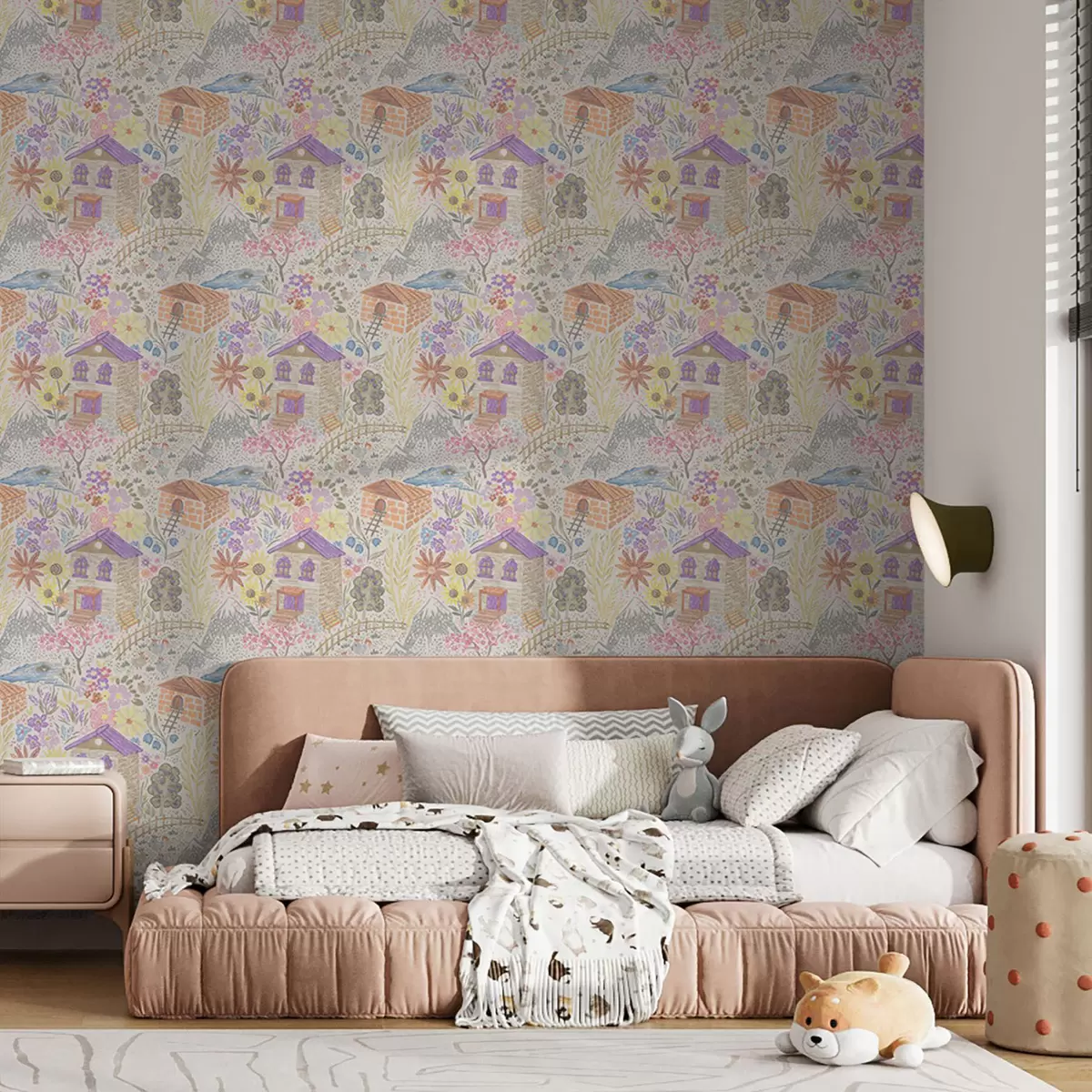 Тапети Детска рисунка на село с къща, планини и цветя a00952