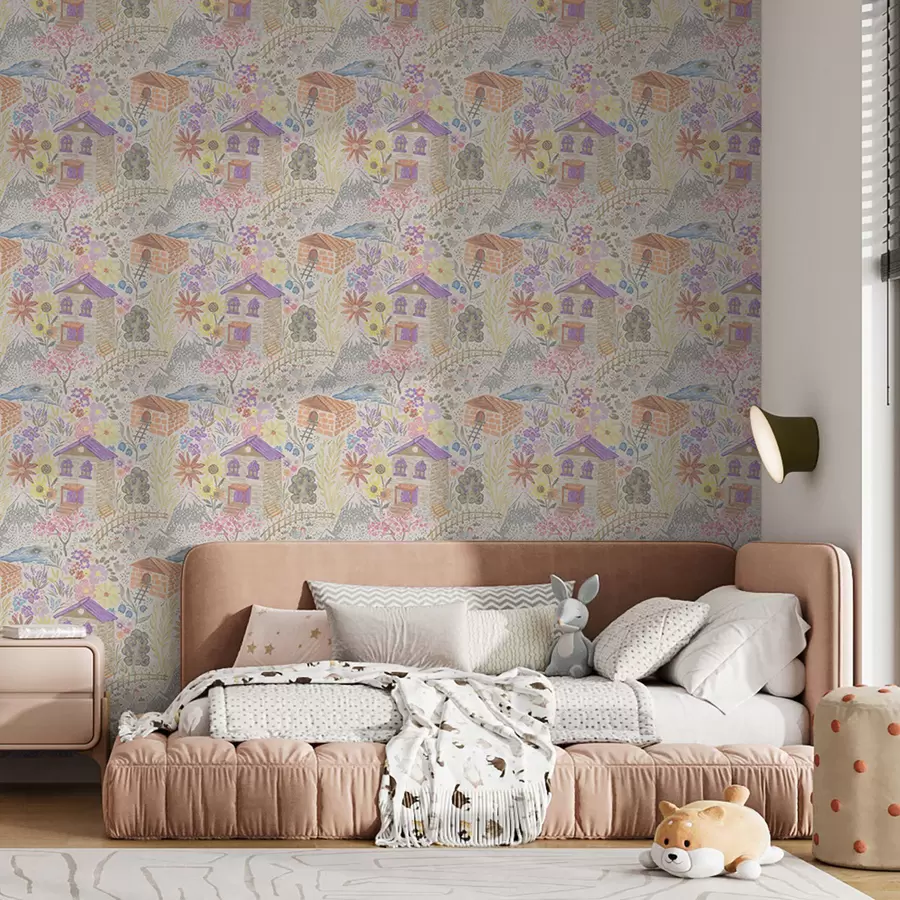 Фототапет Детска рисунка на село с къща, планини и цветя a00952